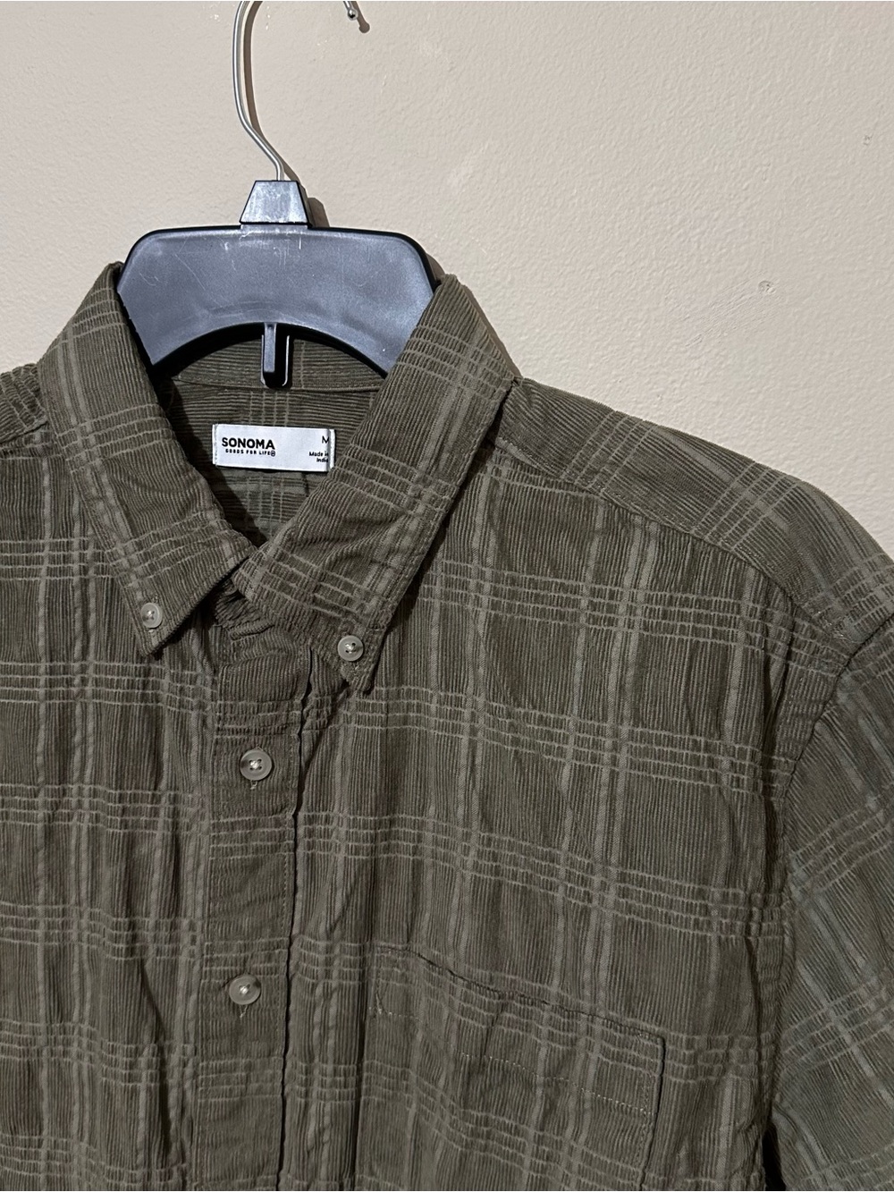 Men’s Olive Green Plaid Corduroy Button-down Flannel Shacket Shirt Earth tones